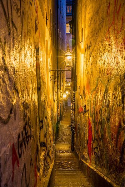 Bibikow, Walter 아티스트의 Sweden-Stockholm-Gamla Stan-Old Town-Marten Trotzigs Grand-narrowest street in Stockholm-evening작품입니다.